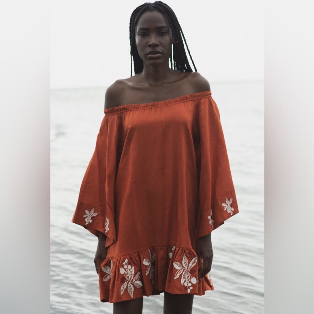 $460 JUAN DE DIOS Mexico Lindo Linen Mini Dress Embroidered SIZE XS Terracotta - Picture 3 of 12